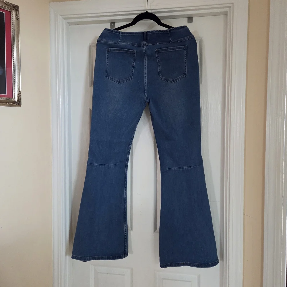 Blue Pullon Elastic Waist Flare Jeans Boho Western Hippie Rodeo Festival Large